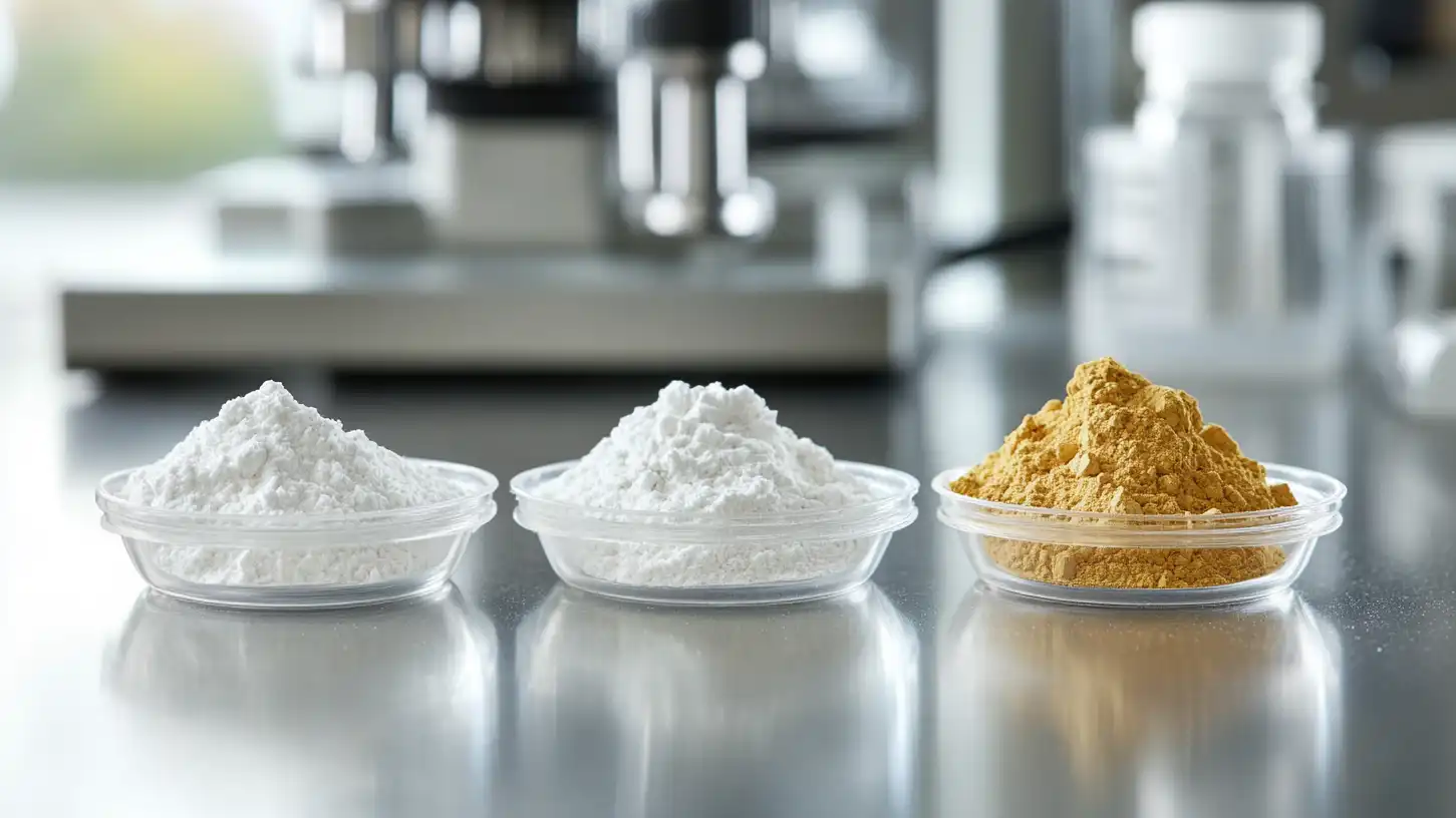 Macro photography of four distinct high-purity botanical and synthetic API powders Macro photography of four distinct high-purity botanical and synthetic API powders