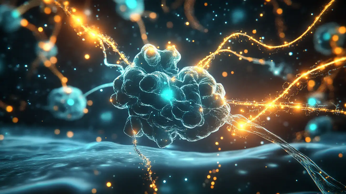 A sophisticated 3D scientific rendering of a neurotransmitter synapse A sophisticated 3D scientific rendering of a neurotransmitter synapse